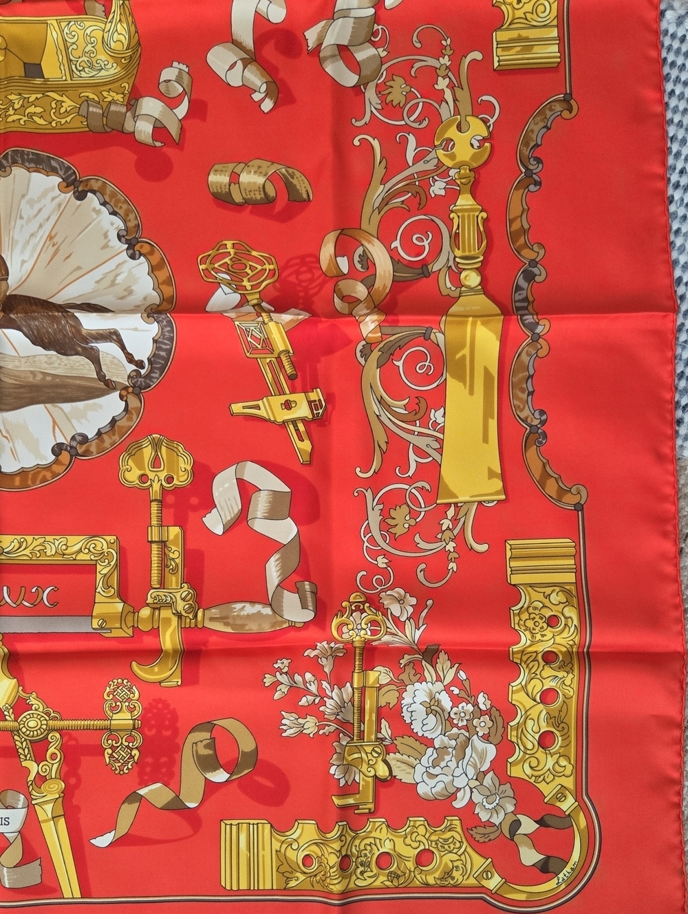 Hermes Red Silk Scarf with Gold Baroque Motif, VGUC, Comes With Box - Picture 6 of 7